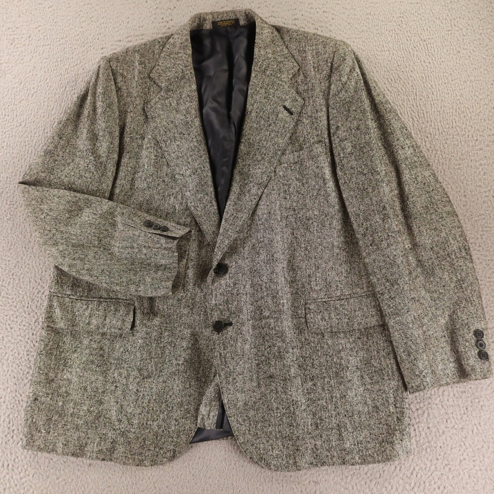 VTG Tweed Jacket L 44R Gray Black 100% Silk Matka‎ Blazer Barleycorn